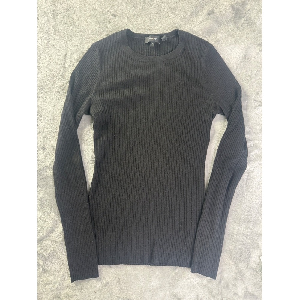Theory Ribbed Crew Neck Sweater Womens S Black Long Sleeve Stretch Pullover